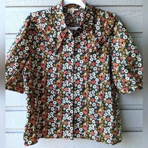 Saint Geraldine Floral Ruffle Button Up Short Sleeve Shirt Top Women's Large